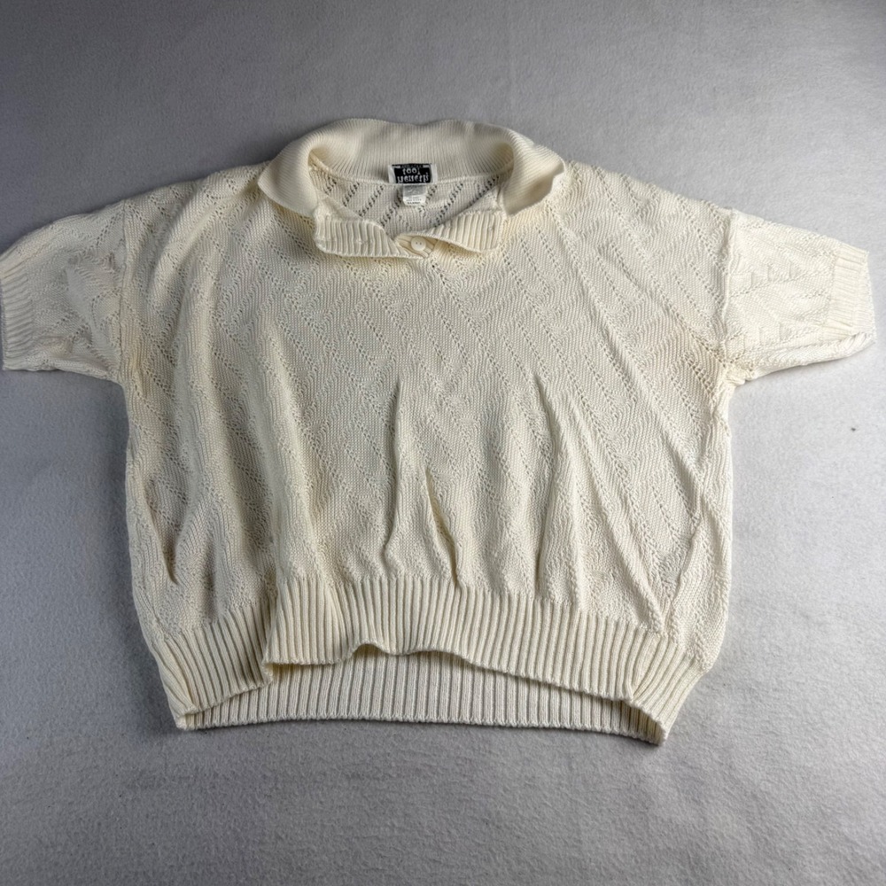 Keneth Too! Vintage Women XL Cream Pointelle Knit Polo Short Sleeve Sweater USA